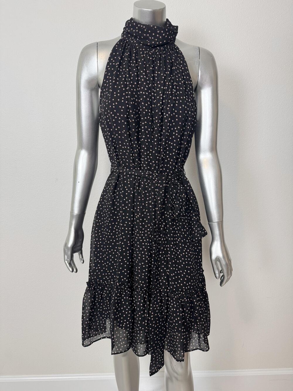 Polka Dot Halter Dress Womens 10 Black Ruffle Hem Fit Flare Knee Length Taylor